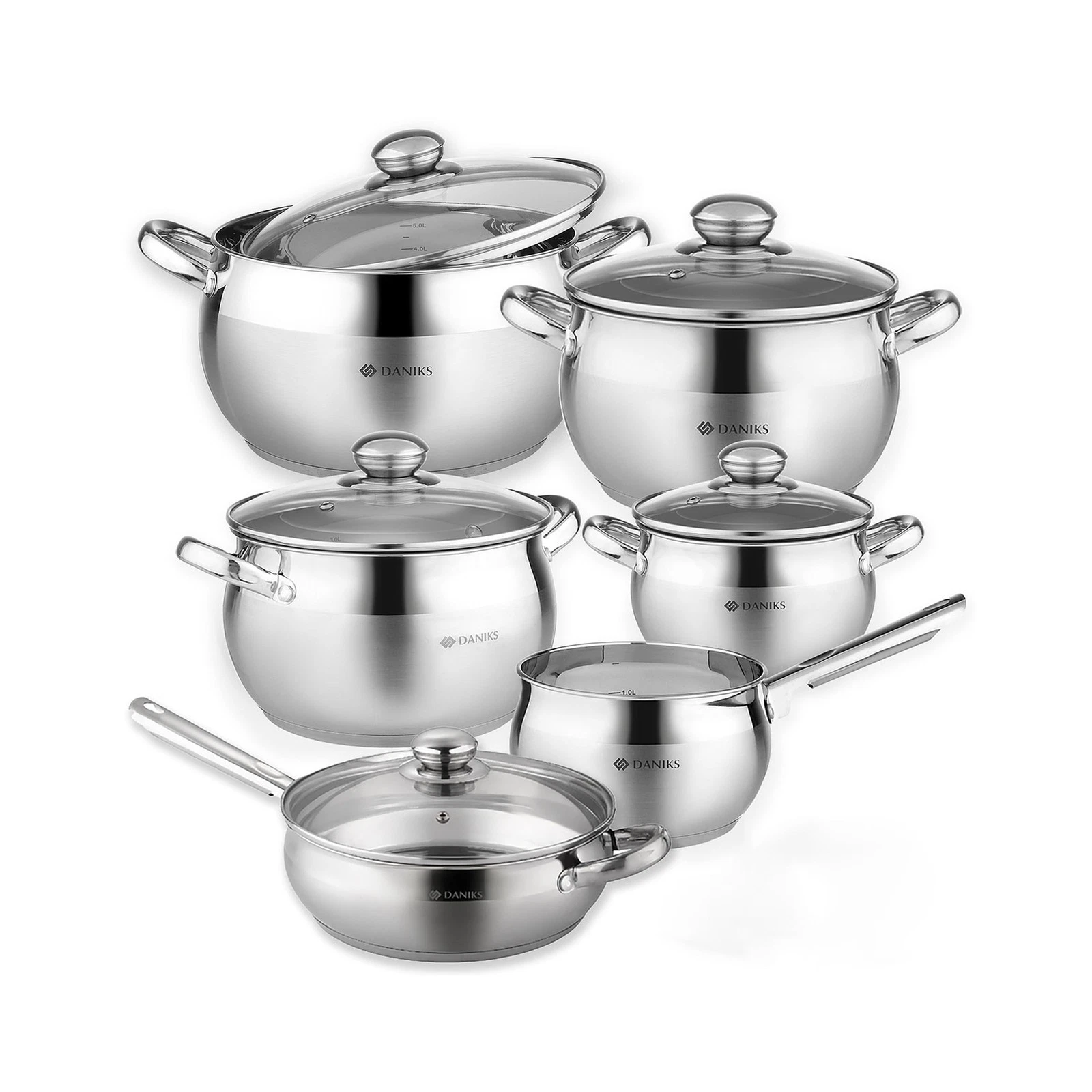 Daniks Classic 11-Piece Stainless Steel Cookware Set with Glass Lids, Include...