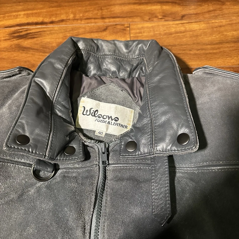 Chaqueta de bombardero de cuero Wilson para hombre gris gamuza A-2 piloto volante talla mediana Foto 2 de 4