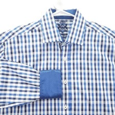 English Laundry Dress Shirt Mens 16 32/33 Blue Gingham Flip Cuff Long Sleeve