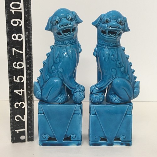 Chinese Porcelain Foo Dogs Turquoise Blue Glaze 10 in Fu Dog Statues Vintage - Picture 12 of 12