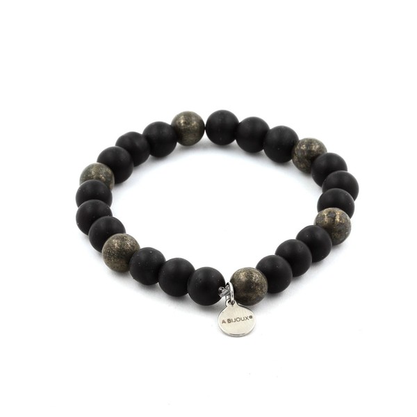 Mineralien Und Steine PréCieuses. Armband Perlen Schwarz Onyx Matt + Pyrit D'-image
