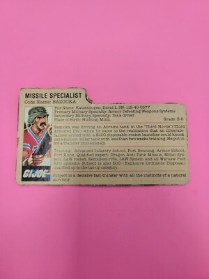  GI Joe BAZOOKA Missile Specialist Bio File Card ONLY Vintage Original