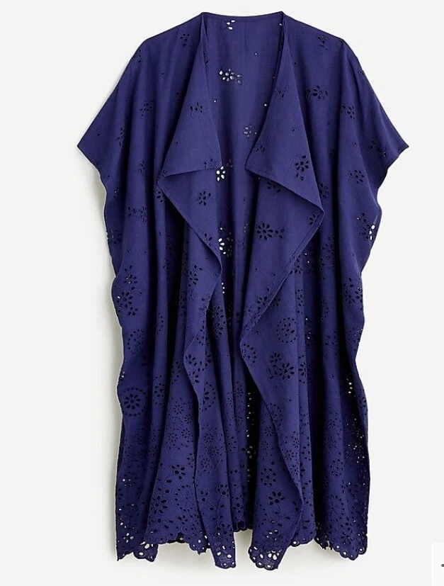 J. Crew Eyelet Open Beach Poncho Swim Cover Up Raw Indigo Blue S/M Cotton AM424