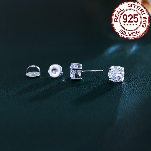Sterling Silver Stud Earrings Screw Back Cubic Zirconia Round for Women Men Gift - Picture 2 of 6