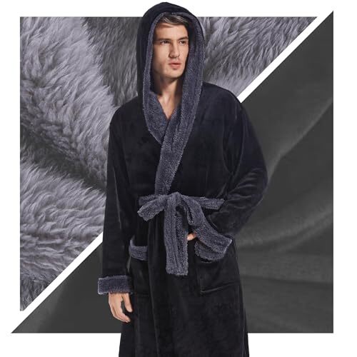 Mens Hooded Robe, Plush Long Bath robes Cozy Large-X-Large Black+dark Grey - Picture 7 of 7