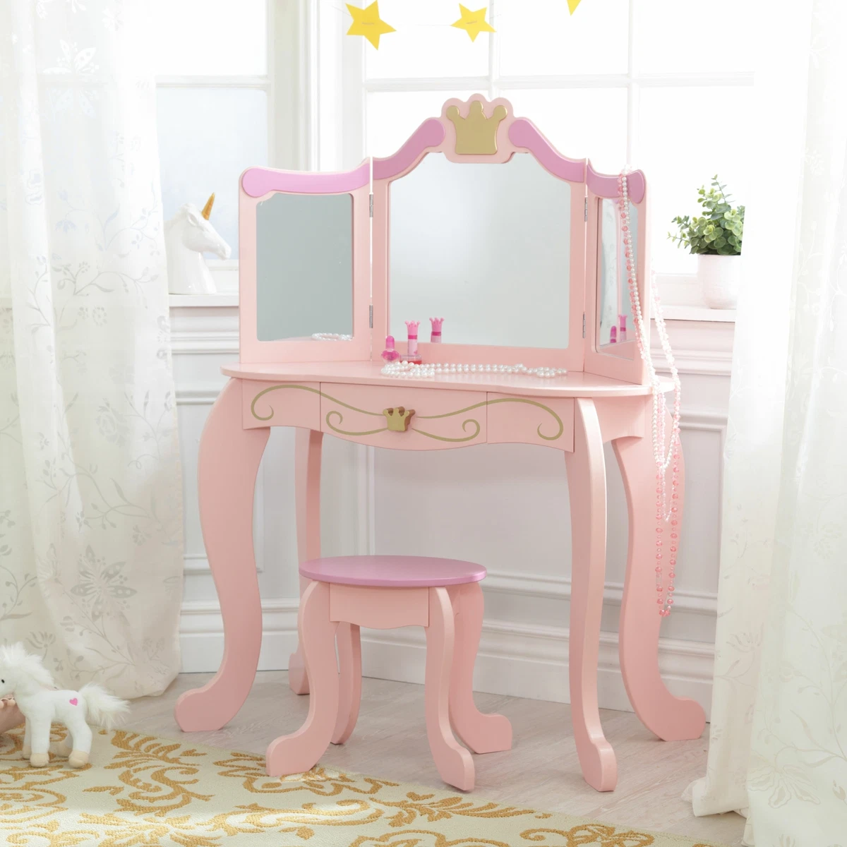 Kidkraft Deluxe Wood Makeup Vanity Table With Chair And Mirror