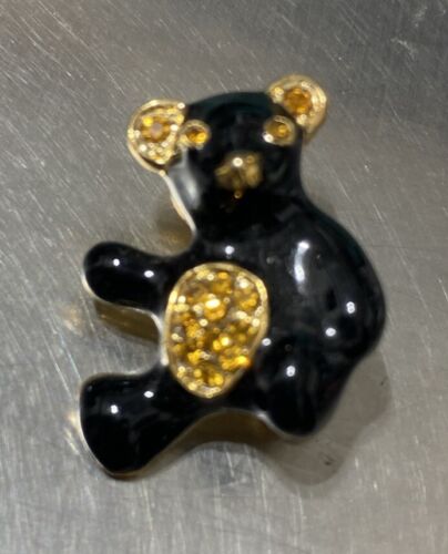 Prendedor de oso de peluche romano vintage esmalte negro con pedrería ámbar firmado - Imagen 3 de 7
