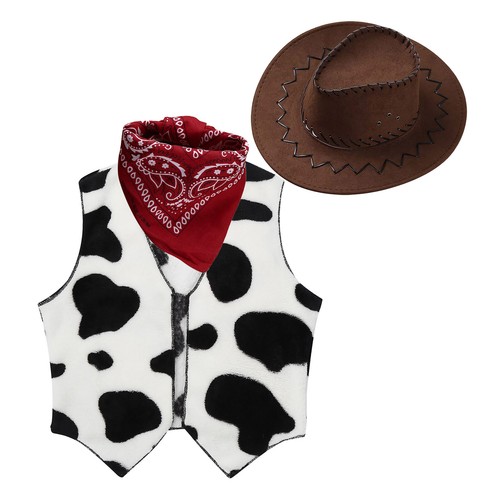 Kids Cowboy Cowgirl Cosplay Fancy Dress Printed Vest with Bandanna Felt Hat Set - Picture 13 of 31