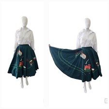 Vintage 50s Novelty Appliqu  Train Palms Border Full Circle Boho Skirt W23"