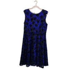 TAHARI ASL Fit and Flare Dress Sz 14 Black and Blue Burnout Velvet Floral Lined