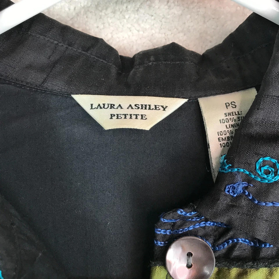 Laura Ashley Blazer 女式小号 PS 真丝蓝色绿色黑色拼布 — 第 3/4 张图片