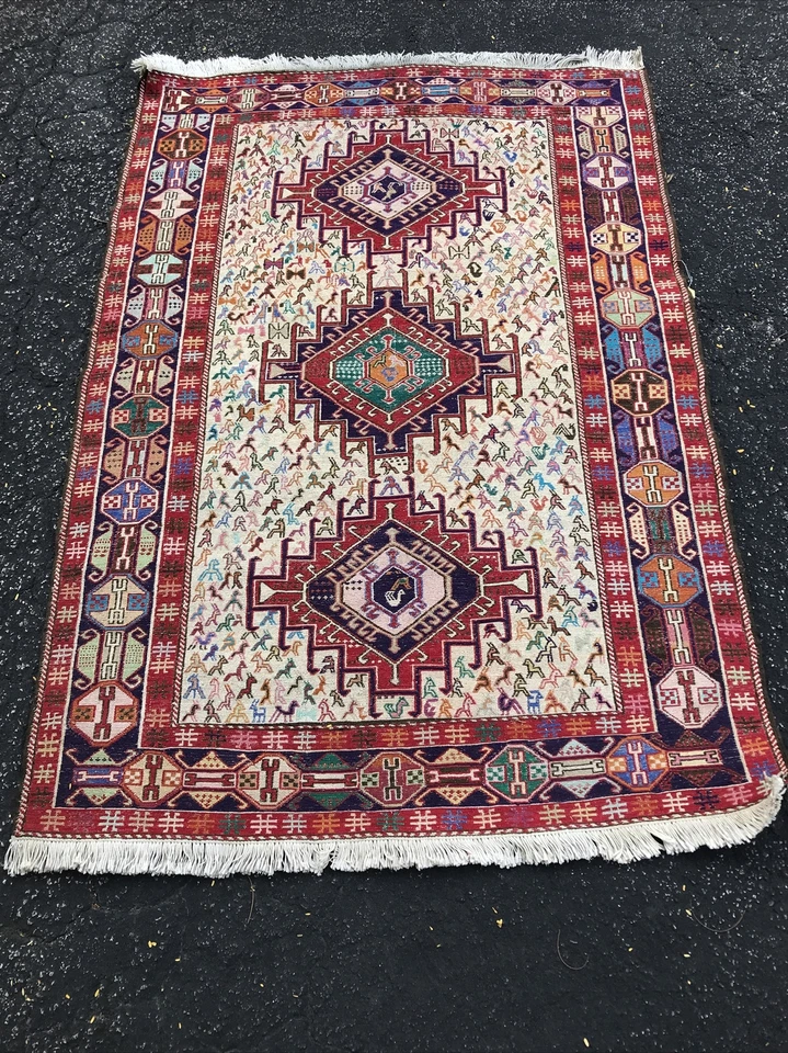 Caucasian Soumak Rug Handmade Vintage 40”x 59” Silk , Cotton Foundation - Image 4 of 4