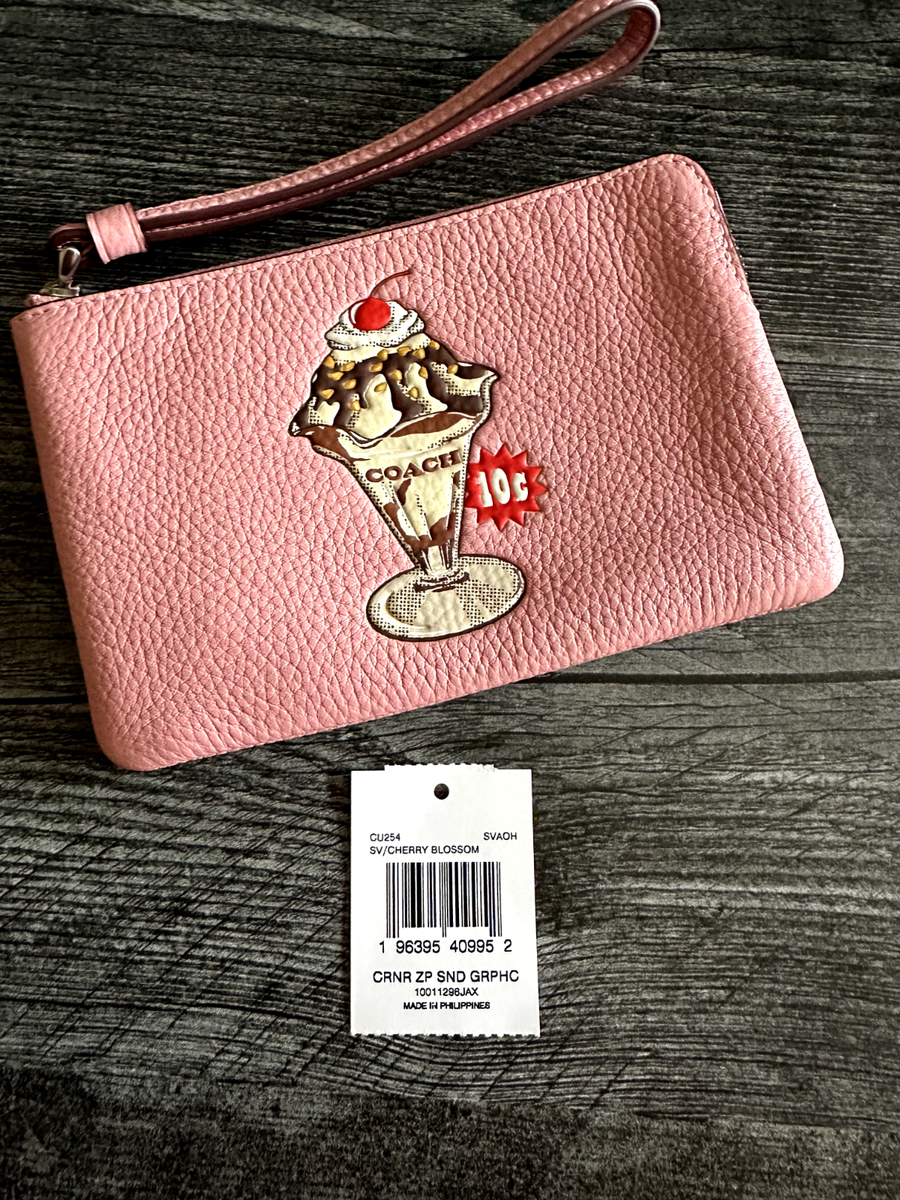 NWT COACH Corner Zip Wristlet With Sundae Graphic Cherry Blossom