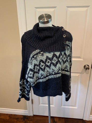 Free People Blue Wool Nordic Knit Button Turtleneck Sweater, Size XS