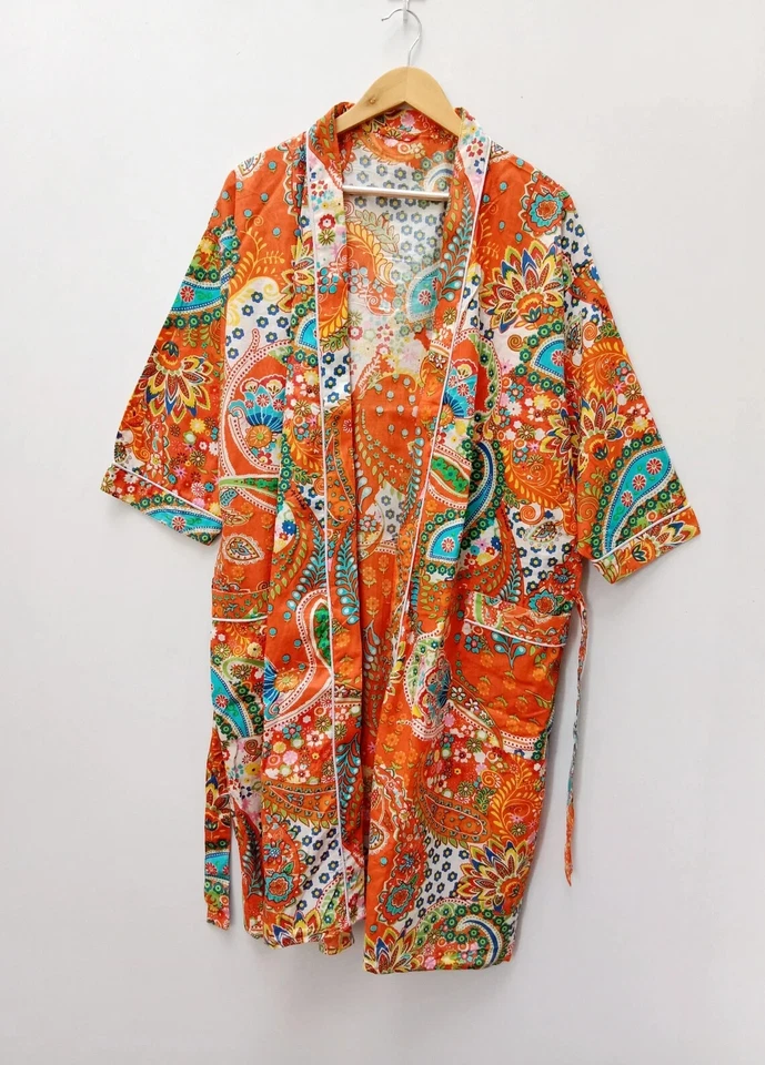 Bata de algodón con estampado de cachemira naranja indio kimono largo ropa para dormir batas kimono de noche Foto 2 de 4