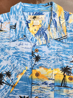 JOE MARLIN ALOHA SHIRT, Blue Yellow Orange Black, Cotton & Rayon, Sail, $75, NEW