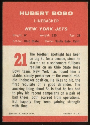1963 Fleer #21 Hubert Bobo New York Jets - Rookie Card - Picture 2 of 2