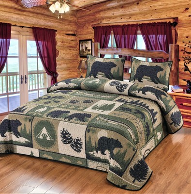 Forest Camping Bear Canoe Quilt Bedding Set Cabin Lodge Bedspread Coverlet