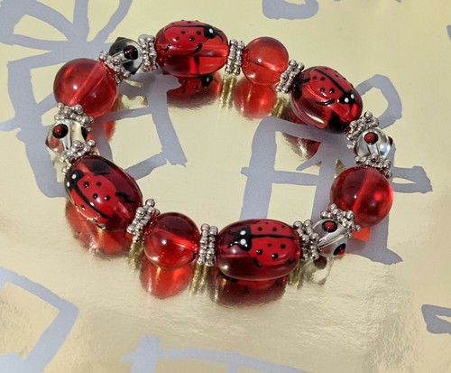 Ladybug Bracelet Spring Garden Red Bracelet for Women Beaded Stretch  - Picture 6 of 7