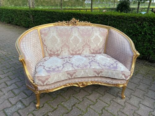 Sofa Französisch Louis XVI Corbeille Rosa Damast Blattgold Antik Elegant Design - Bild 8 von 10