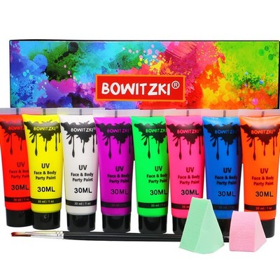 Bowitzki UV Neon Gesichts- und Körperfarbe 8 x 30ml Liquid Set Schwarzlicht Glow in the
