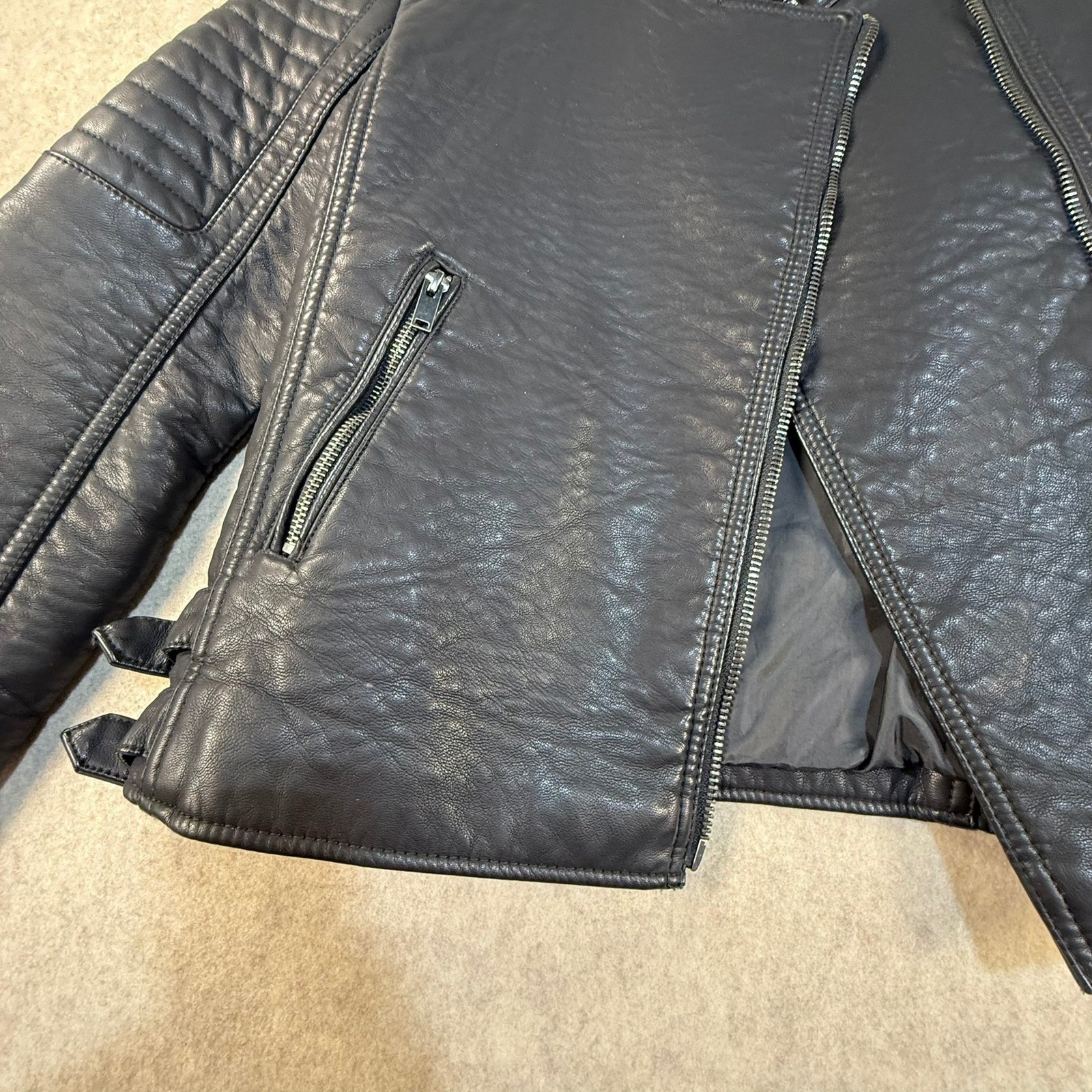 Mango Suit Womens Black Faux Leather Moto Biker Jacket Quilted Size XXS XS image 2