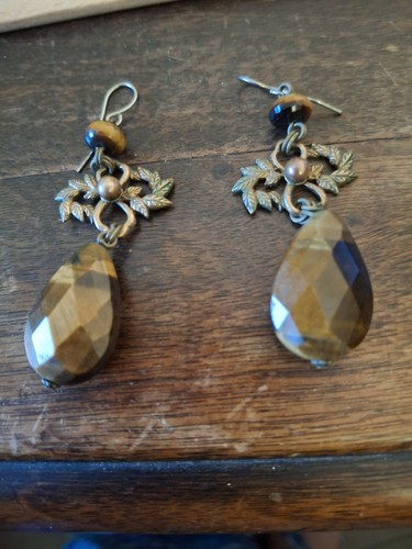 Costume Jewelry EARRINGS: Pair Brass Drop Earrings, Dark Brown Beveled Stone! - Picture 5 of 9