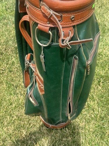 Vintage Hot-Z Leather Golf Cart Bag 6 Way Divider Green Brown USA - Picture 3 of 17