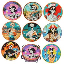 8 Pcs Skull Diamond Painting Coasters with Holder for Beginners - Eskull