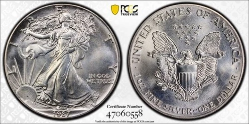 GEM 1987 AMERICAN SILVER EAGLE 2nd yr issue $1 DOLLAR COIN PCGS MS68 GOLD SHEILD