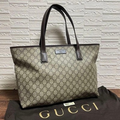 GUCCI GG Supreme Joy Tote Bag Brown Leather Trim Shoulder Bag