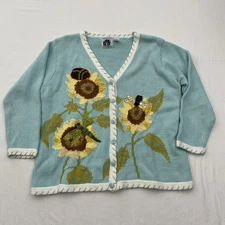 Storybook Knits Sweater Cardigan Womens 2X Blue Sunflower Bee Ramie Cottagecore