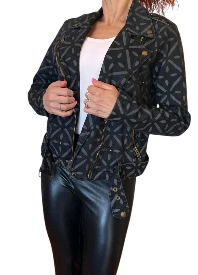 Current Elliott The Zipper Edge Moto Jacket Black Denim Studded Printed M - Image 3 of 4