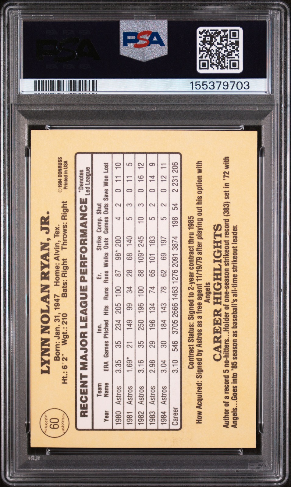 1985 DONRUSS #60 NOLAN RYAN PSA 7 view 2