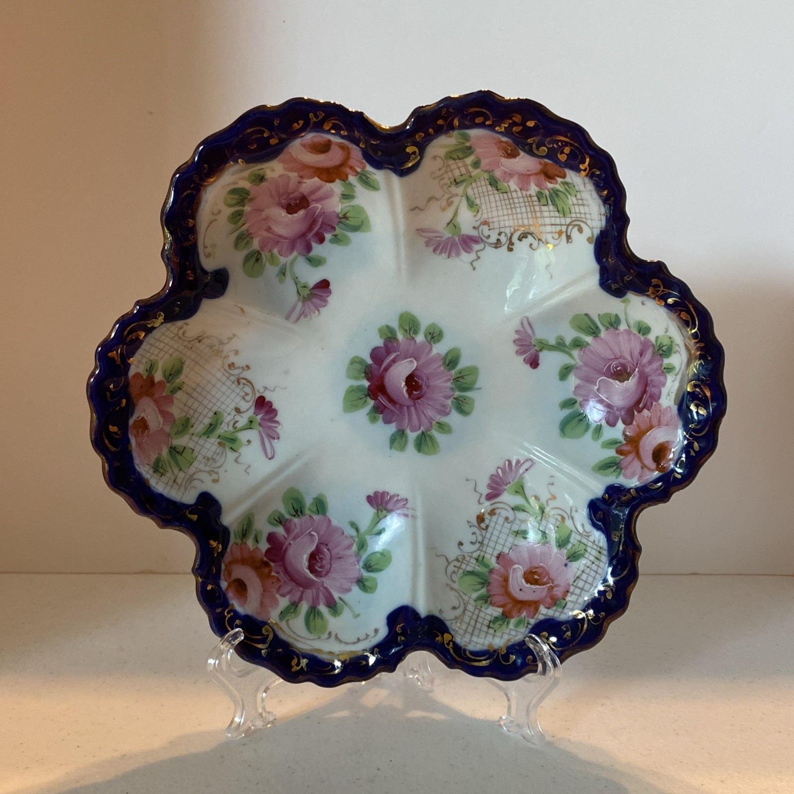 Vintage NIPPON Bowl Hand Painted Pink flowers Cobalt Blue Trim Scalloped