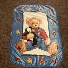 Vintage Blue Jean Teddy Bear Blanket Plush Fleece Baby Panda Blocks BJT