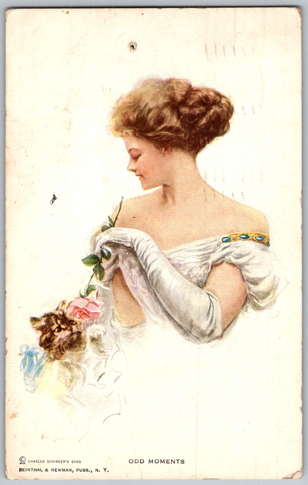 Antique Postcard Lady Kitten and Rose 1910s