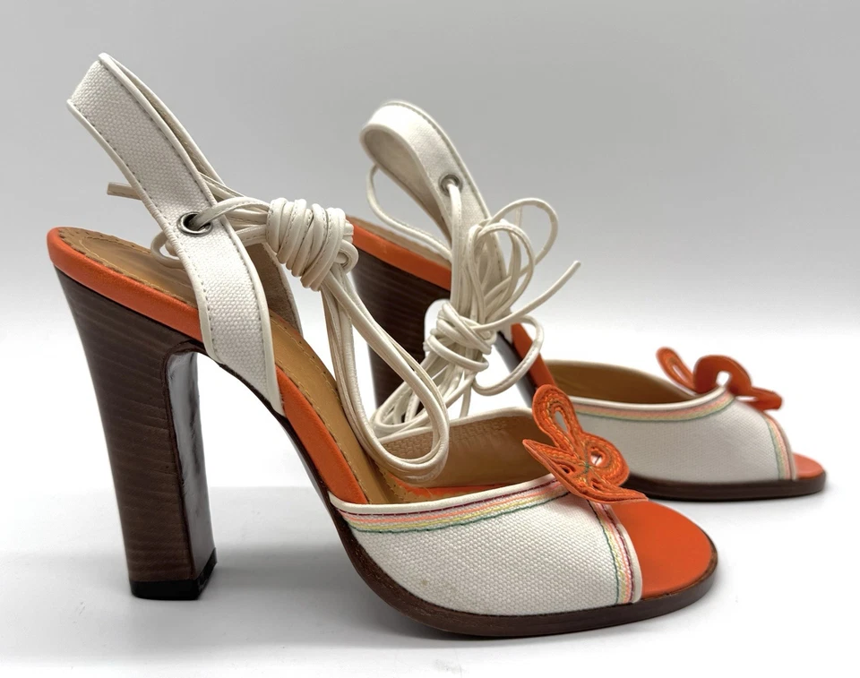 Marc Jacobs NIB Butterfly Heels 37.5 Italy Linen Orange Runway Vtg GIFT - Image 2 of 4