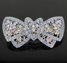 Heart Bow Blue Austrian Shiny Rhinestone Hair Barrette Clip Ponytail Holder B115