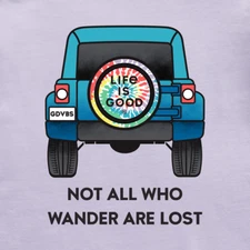 NWT Women's Life is Good Tie Dye 4x4 Not All Who Wander Lilac SS Crusher Tee