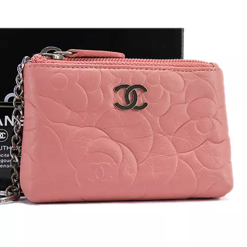 Chanel Key Holder Case Key Pouch Camellia Key Ring Coin Purse Pink Lambskin Auth