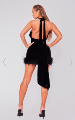 PrettyLittleThing Black Feather Hem Detail Velvet Bodycon Dress | eBay UK