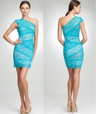 NEW Bebe lace Dress One off Shoulder Mixed Lace blue bodycon party top XS 0 2