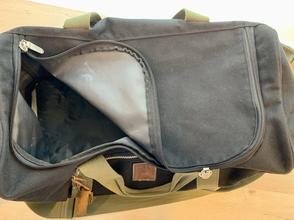 Bolsa de viagem FRYE enorme lona preta viagem couro cavalo louco mala VINTAGE - Imagem 4 de 4