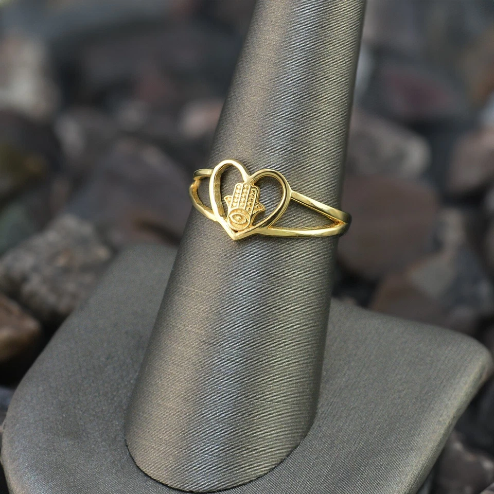 Dainty Gold Hamsa女式心形戒指,10K/14K,黄色、白色、玫瑰金 — 第 2/4 张图片