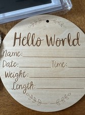 Wood HELLO WORLD Birth Announcement Tag