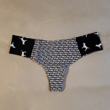 Victoria's Secret No Show Mini Dog Thong Panties PINK Black Logo Panty LARGE
