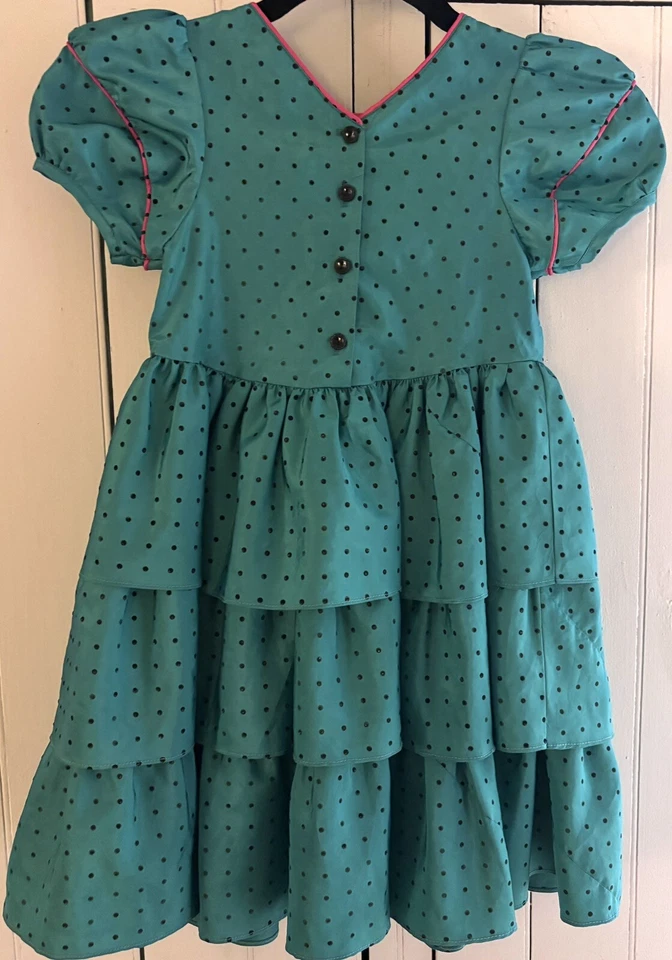 Vintage Mousefeathers Green Satin Polka Dot Tiered Ruffles Party Dress Size 4 - Image 2 of 4