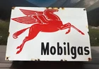 VINTAGE 12” X 8” MOBILGAS PEGASUS PORCELAIN PUMP PLATE METAL SIGN