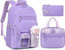 Girls Backpack for School with Lunch Box Pencil Case Set, 17 Inch Stylish Plai